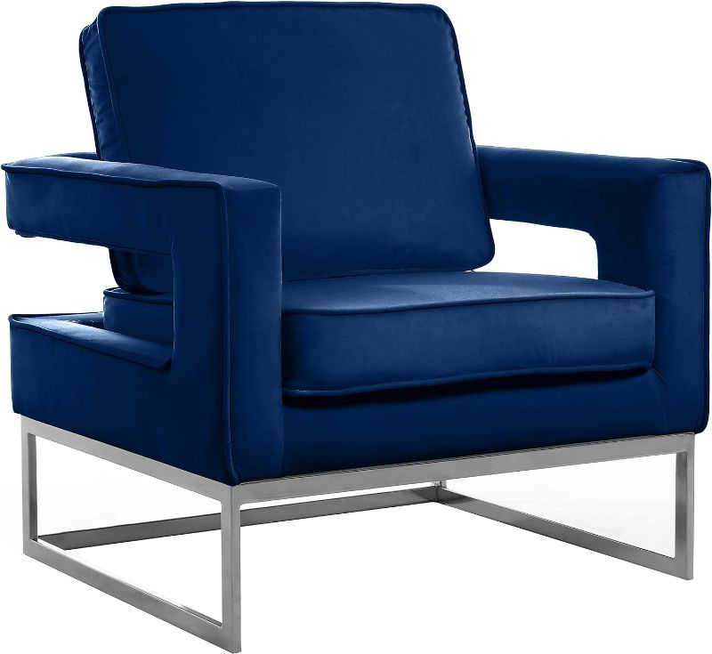 Photo 1 of Meridian Furniture Noah Collection Modern | Contemporary Velvet Upholstered Accent Chair with Durable Stainless Steel Base, Navy, Chrome Base
