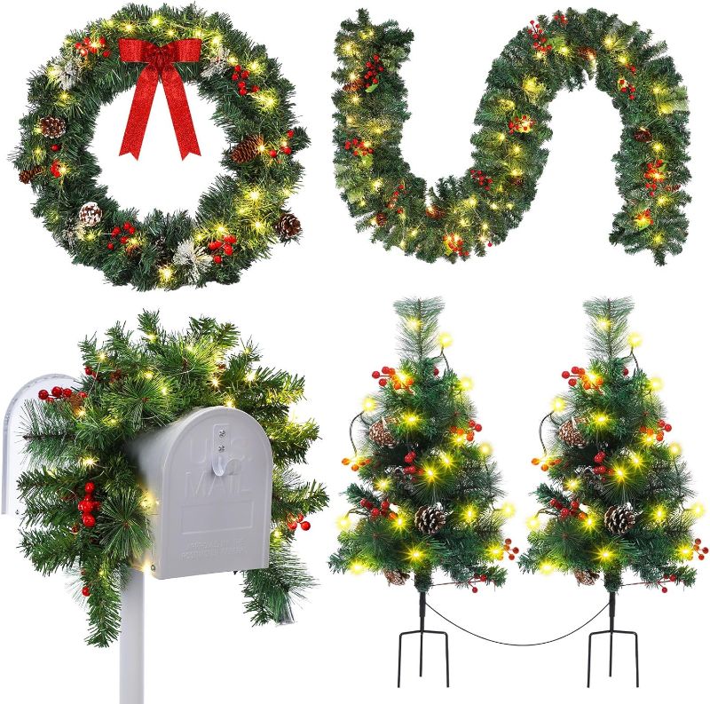 Photo 1 of Zeyune 5 Pcs Lighted Artificial Christmas Decorations Set 24'' Christmas Entrance Trees Christmas Garland Wreath and Xmas Mailbox Decor with LED Light Battery Powered Ornaments for Home Outdoor Party
