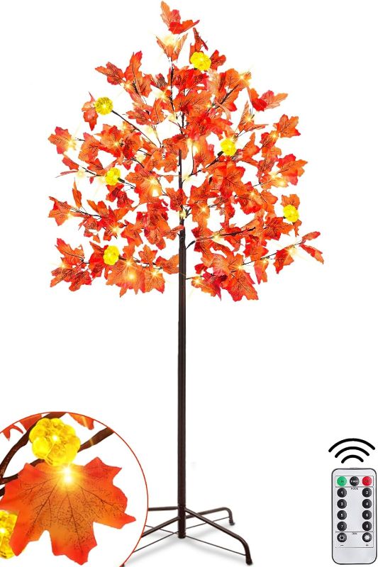 Photo 1 of [ Timer & 8 Modes ] 5 Ft Thanksgiving Decorations Lighted Fall Maple Tree Remote Control Battery Operated 3D Pumpkin Lights 72 LED Warm Lights Thanksgiving Decor Halloween Home Party Indoor Outdoor
