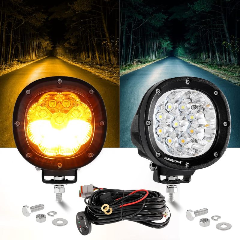 Photo 1 of Auxbeam 6 Modes Amber White LED Lights 4 inch 90W, Round Off Road Fog Lights Strobe Dual Color LED Pods Driving Offroad Spot Light Bar Plug & Play for Trucks Car Ford Polaris Wrangler