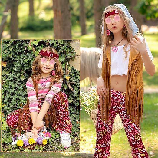 Photo 1 of extra small Jenaai 4 Pcs Kids 60s 70s Hippie Outfits for Girls Costume Set Boho Flared Pants Hippie Outfits Accessories Set
