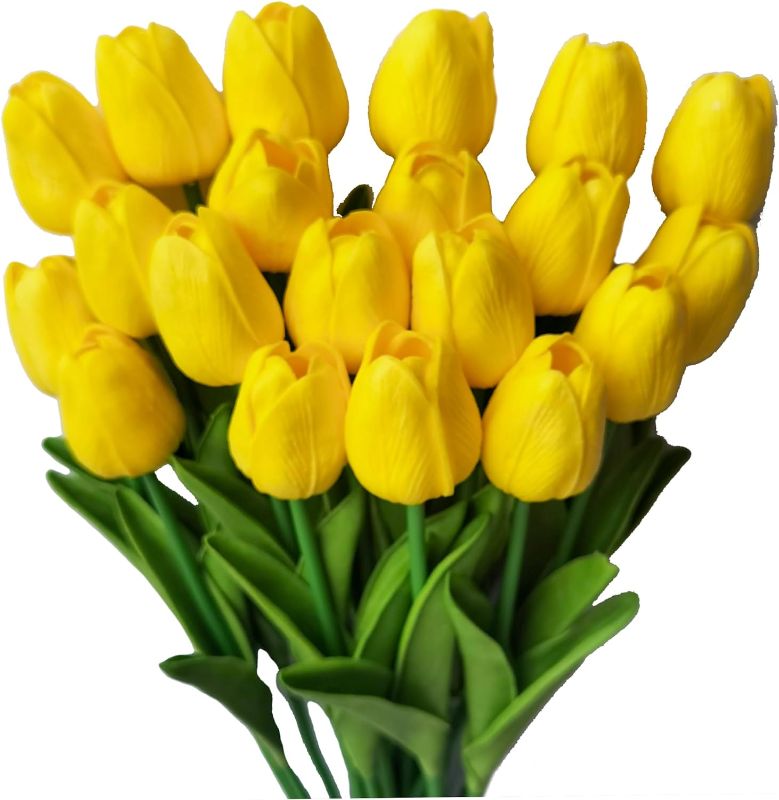 Photo 1 of 40-50 PCS Yellow Artificial Flower Tulips PU Real Touch Tulips for Home Wedding Decoration Brides Hand Holding Bouquet Artificial Flower Decoration (Type-Yellow)