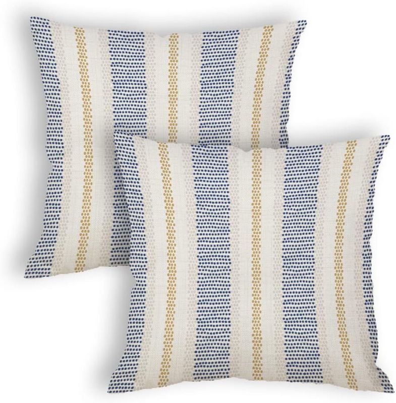Photo 1 of Blue Yellow Stripe Throw Pillow Covers 16x16 Inch for Couch Set of 2 Farmhouse Outdoor Square Grey Gray Gold Decorative for Patio Garden Deck Chair Outdoor Neutral Beige Pillowcase