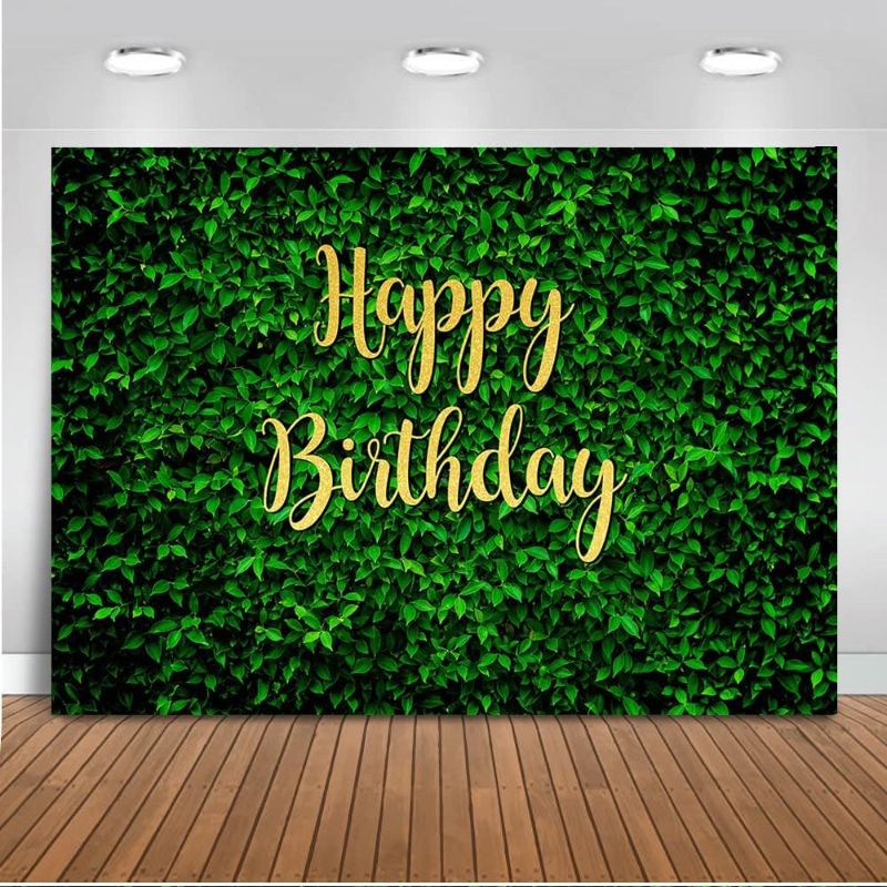 Photo 1 of  Green Leaves Birthday Backdrop Grass Wall Safari Birthday Party Decorations Banner Photo Booth Backdrops Hedge Birthday Photography Background (7'x5')