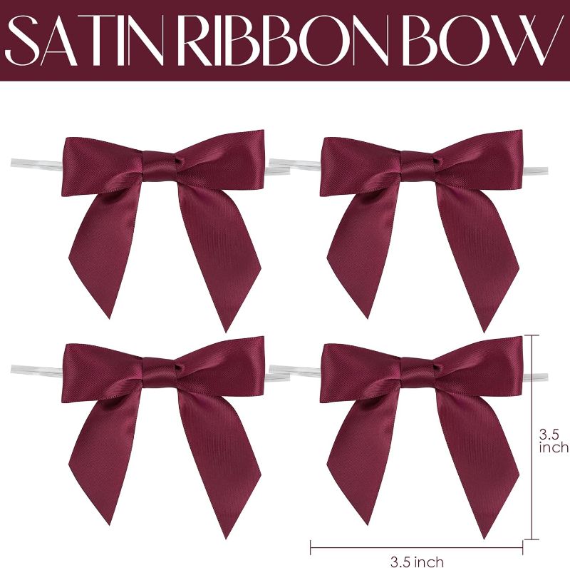 Photo 1 of  Burgundy Satin Ribbon Twist Tie Bows 3.5" Pretied Bows Wine Premade Craft Bows for Treat Bags Cake Pop Gift Wrapping Basket Wedding Favors Cookie Candy Bagging Baby Shower 