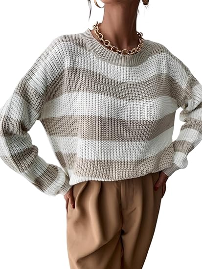 Photo 1 of size MEDIUM Sweaters For Women Fall Fashion Drop Shoulder Striped Casual Sweater Long Sleeve Sweater
