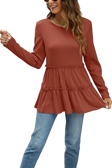 Photo 1 of size L AGSEEM Womens Babydoll Tunic Tops Round Neck Pleated Peplum Long Sleeve Shirts for Fall Winter
 