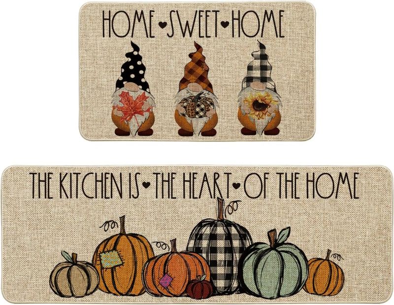 Photo 1 of Artoid Mode Home Sweet Home Gnome Pumpkin Decorative Kitchen Mats Set of 2, The Kitchen is The Heart of The Home Seasonal Fall Holiday Party Vintage Low-Profile Floor Mat - 17x29 and 17x47 Inch
