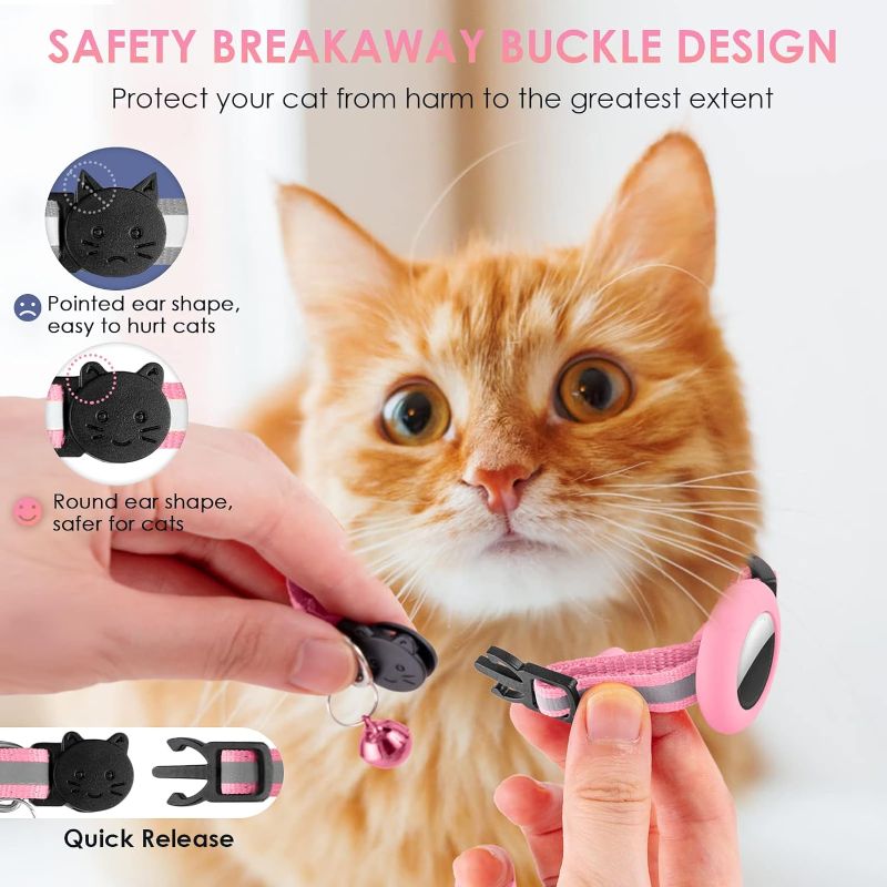 Photo 1 of Airtag Cat Collar, Reflective GPS Cat Collar Breakaway with AirTag Holder and Bell, Adjustable Lightweight Air Tag Kitten Collar (Pink)
