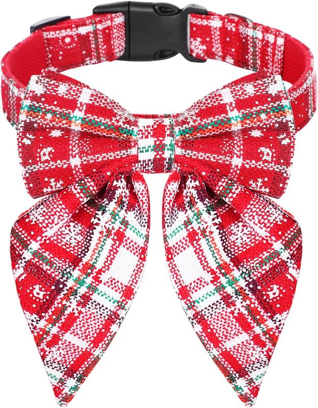 Photo 1 of Dog Collar with Bow tie, Christmas Classic Plaid Dog Collar Soft Durable Holiday Dog Collar