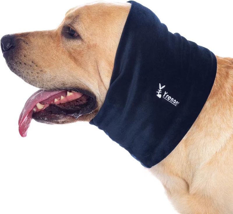 Photo 1 of Dog Hoodie, Soft Snoods for Dogs, Breathable Dog Head Wrap Ear Cover for Anxiety Relief and Calming, No Flap Ear Wraps for Dogs Reduce Anxiety Thunder, Vacuum Cleaner (Dark Blue L 