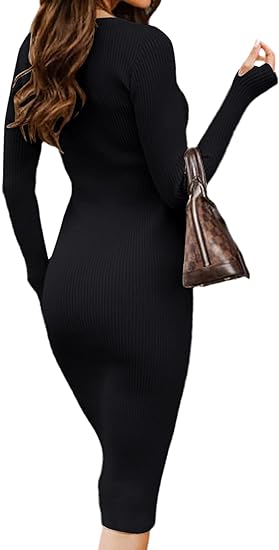 Photo 1 of  size M Women's Elegant Boat Neck Long Sleeve Slim Fit Cocktail Knit Midi Dress with waist wraps 