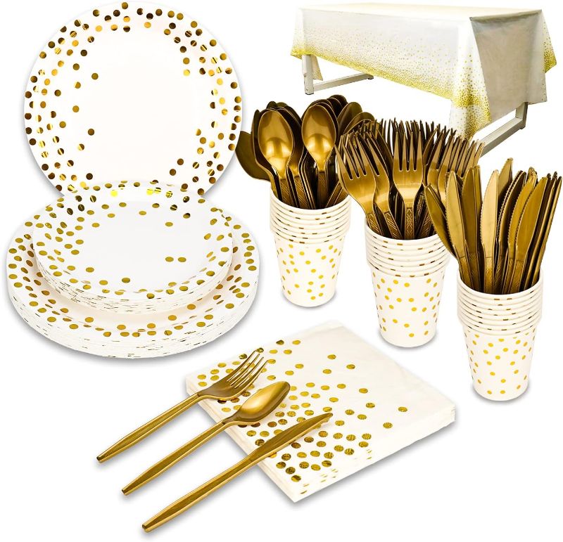 Photo 1 of 176 Pieces Gold Disposable Party Dinnerware Set &Golden Dot Disposable Party Dinnerware - Black Paper Plates Napkins Cups, Gold Plastic Forks Knives Spoons
