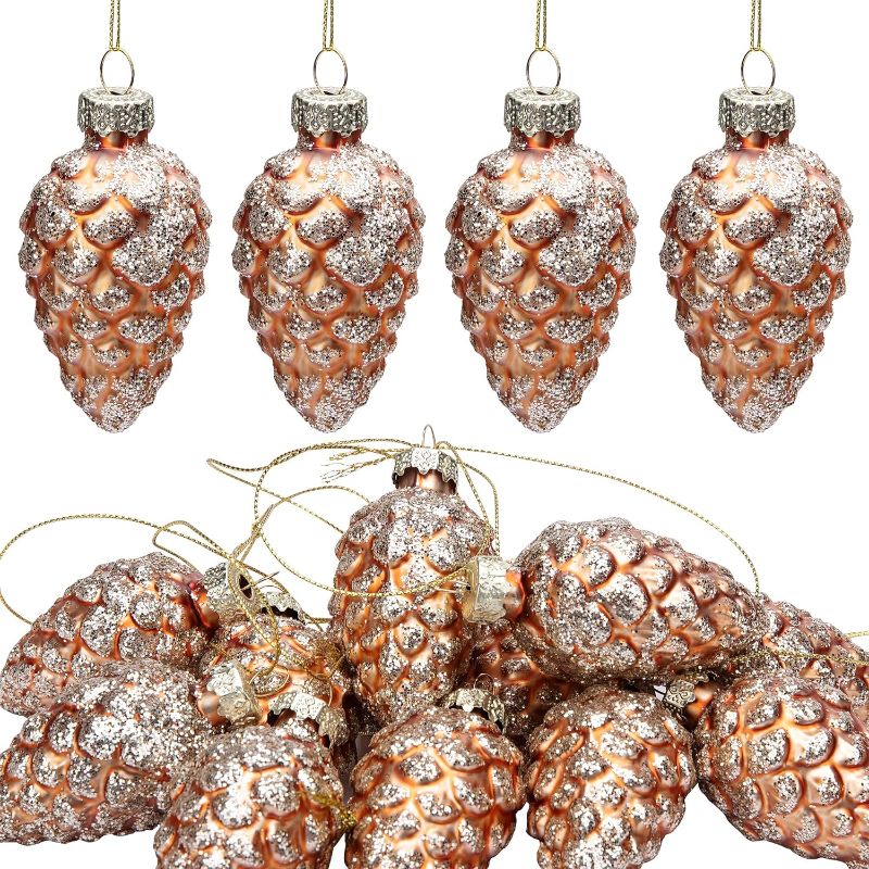 Photo 1 of 12 Pcs Christmas Pinecone Glass Ornaments- Fall Hanging Pine Cone Painted Glass Ornaments- Glitter Pinecone Christmas Ornament for Xmas Tree DIY Crafts Fall Thanksgiving Day Decoration
