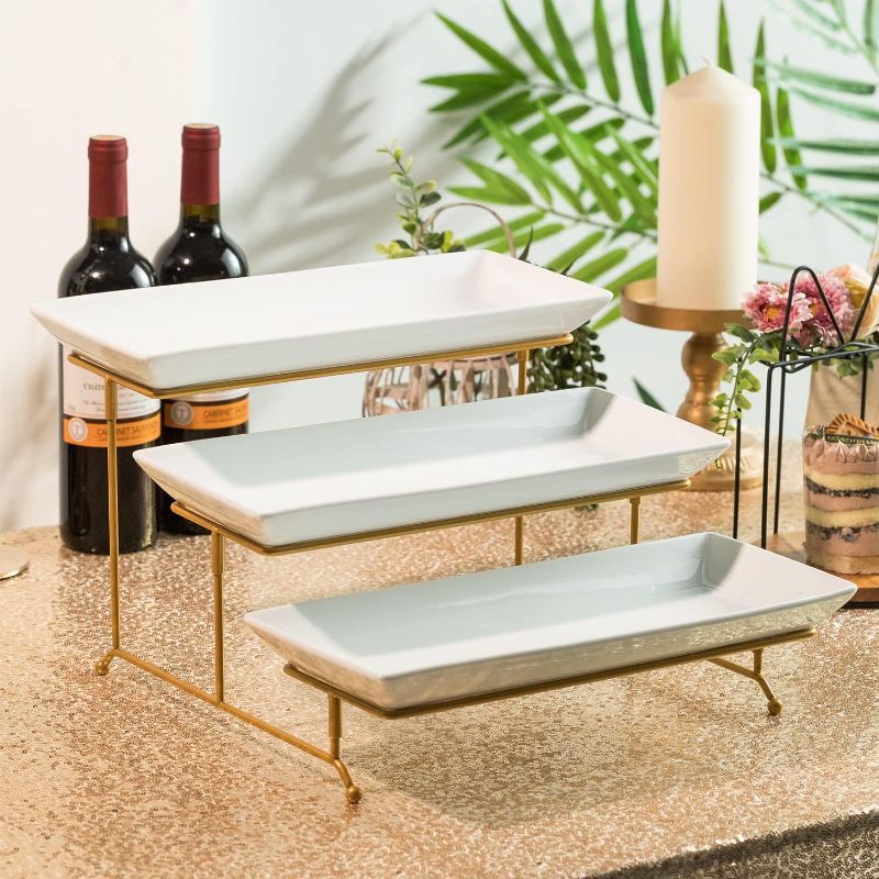 Photo 1 of 3 Tier Serving Stand with Porcelain Serving Platter Tray - Collapsible Gold Stand with 3 Piece White Plates for Food Presentation Dessert Server Display and Entertaining