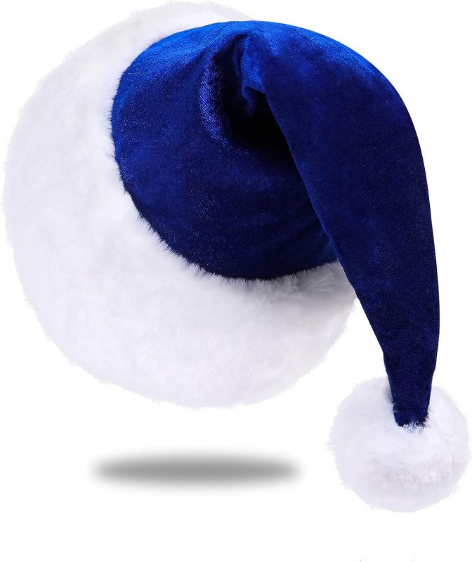 Photo 1 of  Santa Hat, Santa Hat for Adults, Unisex Velvet Comfort Blue Christmas Hat Hats Extra Thicken Classic Plush for Christmas New Year Festive Holiday Party Supplies