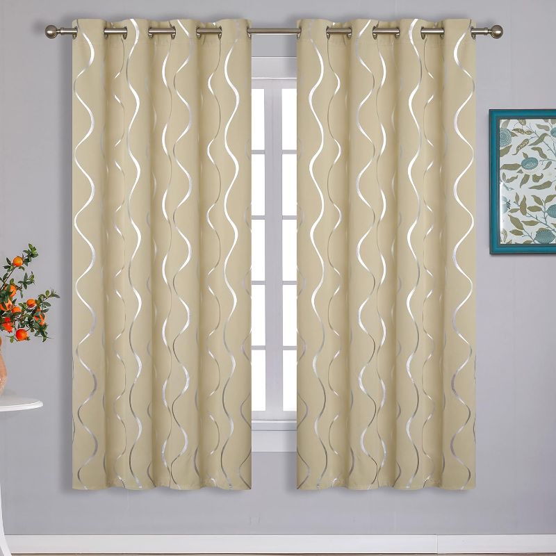 Photo 1 of Estelar Textiler Grommet Top Window Curtains Wave Line Foil Print Design Blackout Curtain Curtain Panels for Kitchen 52W x 45L Beige 1 Pair
