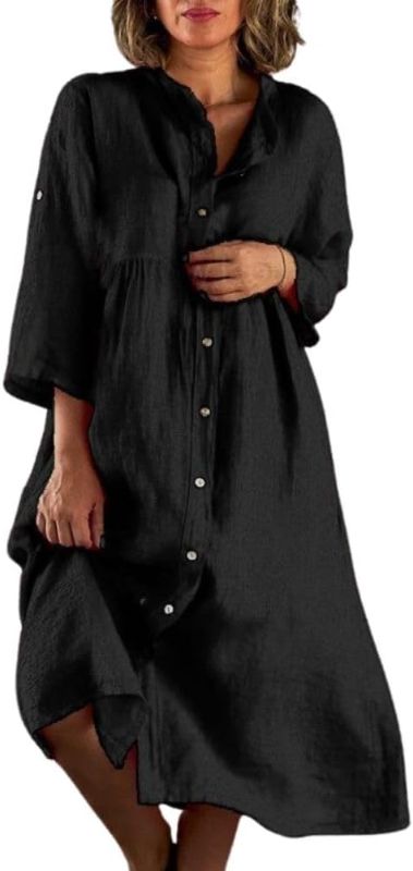 Photo 1 of Casual Cotton Linen Dress for Women 2023 Summer 3/4 Sleeve Button Down Loose Fitted Maxi Dress with Pockets size XL 