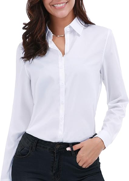 Photo 1 of Gemolly Women's Basic Button Down Shirts Long Sleeve Plus Size Simple Stretch Formal Casual Shirt Blouse
