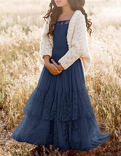 Photo 1 of irls Boho Long Sleeve Backless Lace Flower Square Neck Tiered Ruffle Swing Party Maxi Dress size unknown can fix from 8-10 STAINED 