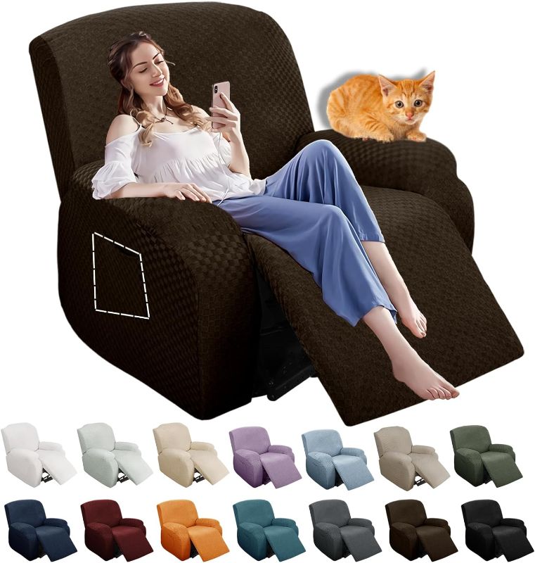 Photo 1 of YEMYHOM 4 Pieces Stretch Recliner Slipcover Latest Jacquard Recliner Chair Cover with Side Pocket Anti-Slip Fitted Recliner Cover Couch Furniture Protector with Elastic Bottom (Recliner, Dark Coffee)
