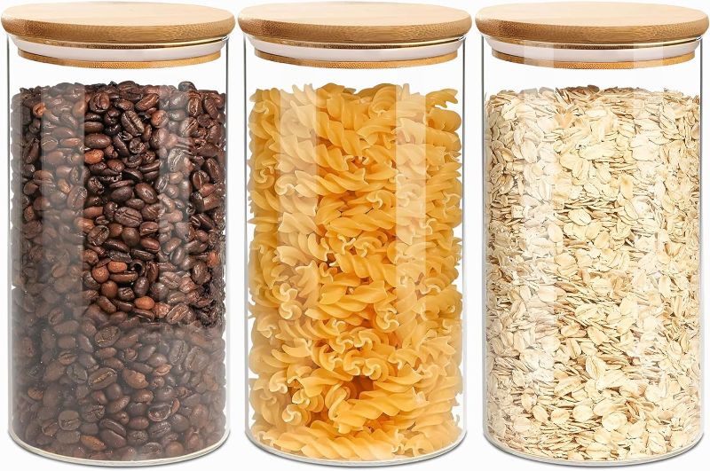 Photo 1 of Airtight Glass Storage Canister with Wood Lid Clear Food Storage Container Jar with Sealing Bamboo Lid for Noodles Flour Cereal Rice Sugar Tea
