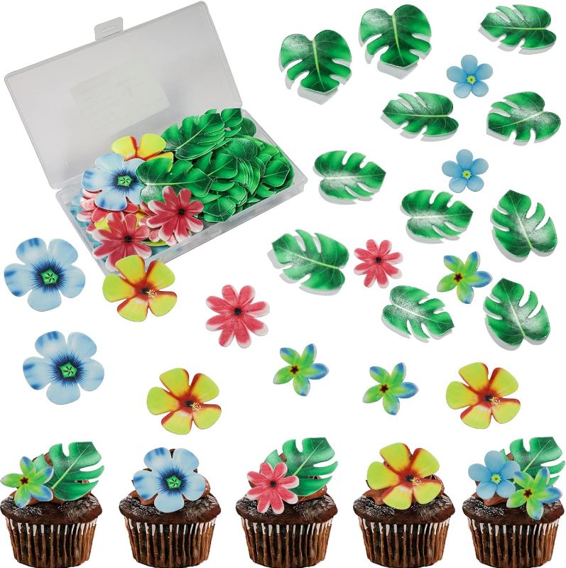 Photo 1 of  Edible Tropical Turtle Leaves Flower Cupcake Toppers Wafer Paper Palm Leaf Flower Cake Topper Edible Cake Decoration for Hawaii Aloha Jungle Summer Theme Wedding Birthday Baby Shower