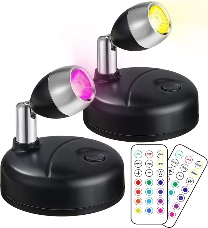 Photo 1 of Klarlight 2 Pack Mini RGB Battery Spotlights Indoor with Remote Control Wireless LED Spot Lights Stick On Picture Light with 13 Light Colours for Cabinet Art Display Vans Party Ambience
