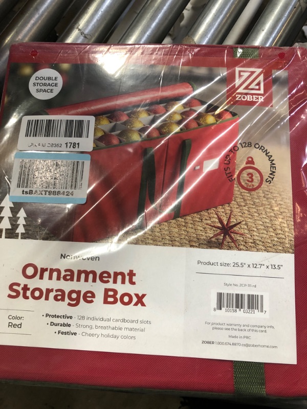 Photo 2 of ZOBER Large Christmas Ornament Storage Box with Dual Zipper Closure - Box Contributes Slots for 128 Holiday Ornaments 3-Inch, Xmas Decorations Accessories, Made of Nonwoven Tear-Proof Material Red