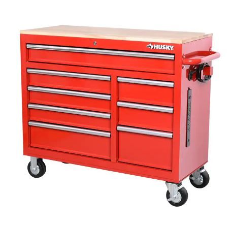 Photo 1 of 42 in. W x 18.1 in. D 8-Drawer Red Mobile Workbench Cabinet with Solid Wood Top
