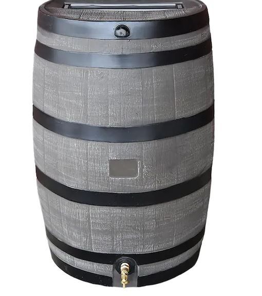 Photo 1 of 50 Gal. Rain Barrel Woodgrain with Black Stripes Color with Brass Spigot
