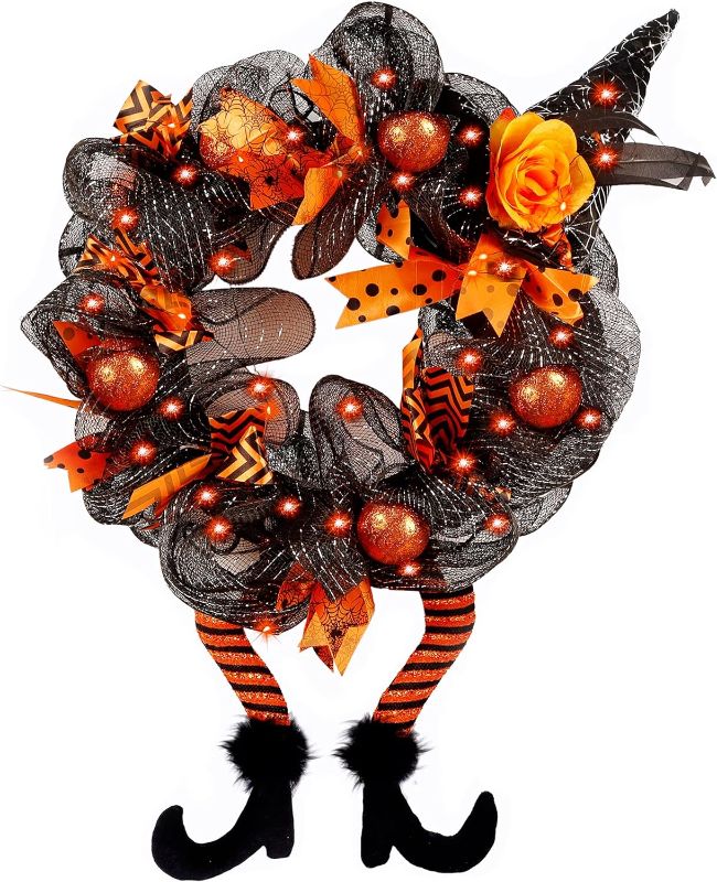 Photo 1 of yosager Halloween Wreaths, Halloween Decorations Witch Hat and Legs Wreath, Lighted with 30 LED Orange Lights, Front Door Wall Light up Wreath Ornaments Holiday Party Thanksgiving Decor
