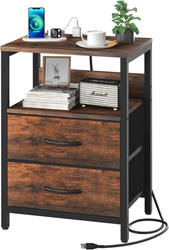 Photo 1 of Yoobure Nightstand with Charging Station, Small Night Stand with Fabric Drawers and Storage Shelf for Bedrooms, Small Spaces, Bedside Table with USB Ports & Outlets
