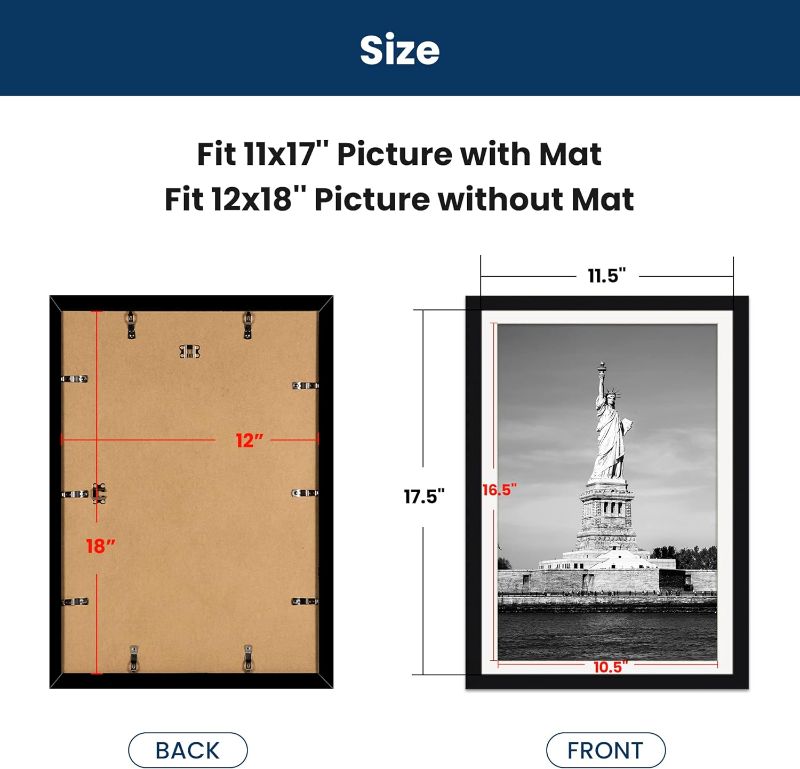 Photo 1 of 12x18 Picture Frame, Display Poster 11x17 with Mat or 12 x 18 Without Mat, Wall Gallery Photo Frames, Black