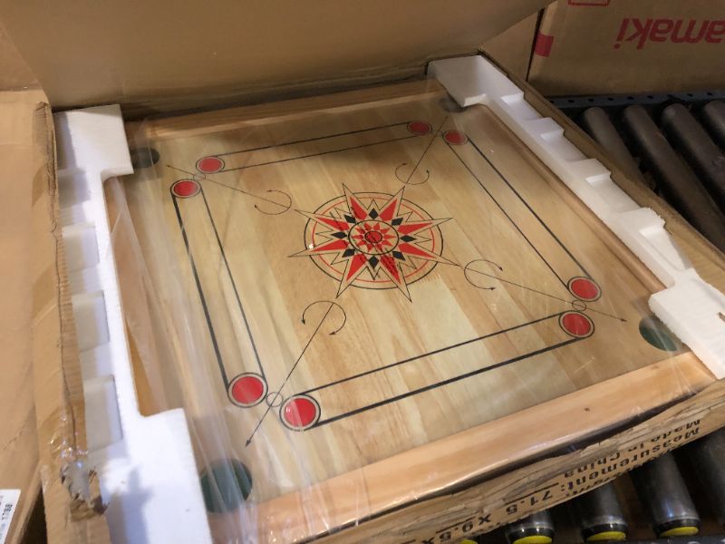 Photo 2 of Carrom Board Game Classic Strike and Pocket Table Game with Cue Sticks, Coins, Queen and Striker for Adults, Kids, Boys and Girls by Hey! Play!