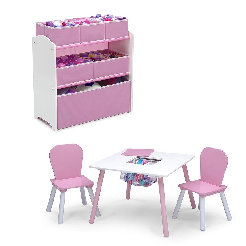 Photo 1 of Delta Children 4-Piece Toddler Playroom Set, Pink/White, Table and 2 Chairs and 6-Bin Toy Organizer
