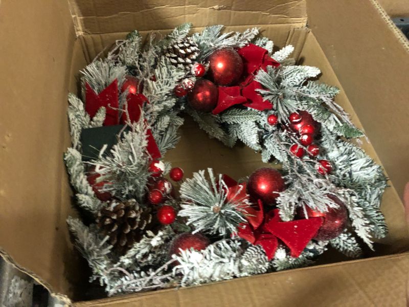 Photo 1 of 24 Inch Lighted Christmas Wreaths, Pre-lit Xmas Wreath with 3 Red Bow, Pine Wreath with 30 LED Lights, Light Up Christmas Wreath for Front Door Holiday Wall Christmas Party Decor 24 Inch Red & White