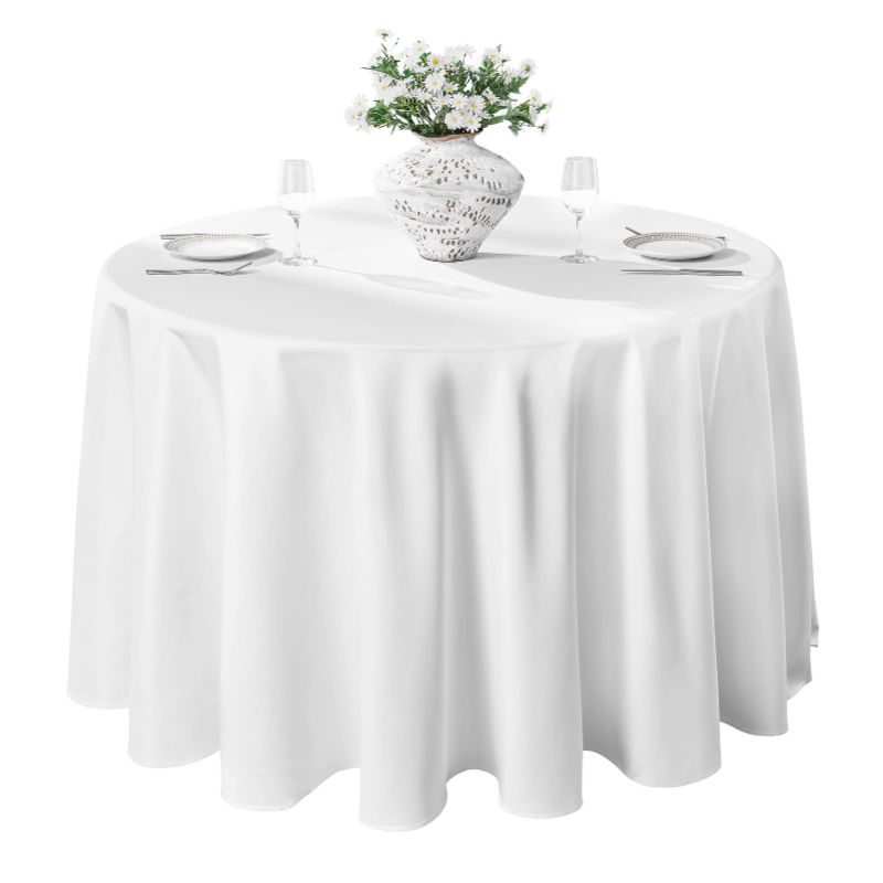 Photo 1 of 120inch Round Tablecloth Polyester Table Cloth?Stain Resistant and Wrinkle Polyester Dining Table Cover for Kitchen Dinning Party Wedding Rectangular Tabletop Buffet Decoration(White) 120Round White