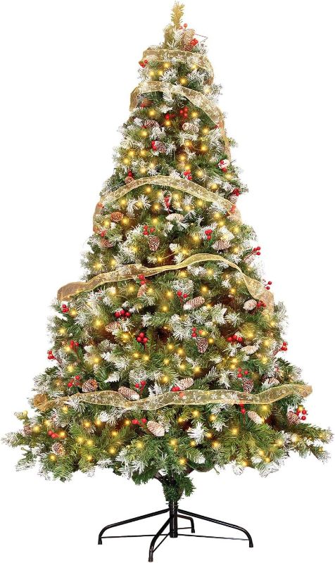 Photo 1 of 6ft Pre-Lit Pre-Decorated Pine Hinged Artificial Christmas Tree w/ 936 Flocked Frosted Tips,60 Pine Cones and 60 Hawthorn Berries, 516 Lights, Metal Base
