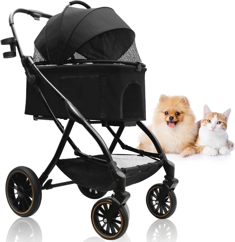 Photo 1 of Dog strollers for small dogs 3 in 1 collapsible dog stroller with 4 wheels rotating 360 degrees with brake pedal cat stroller with storage basket and cup holder suitable for small medium dogs and cats Black