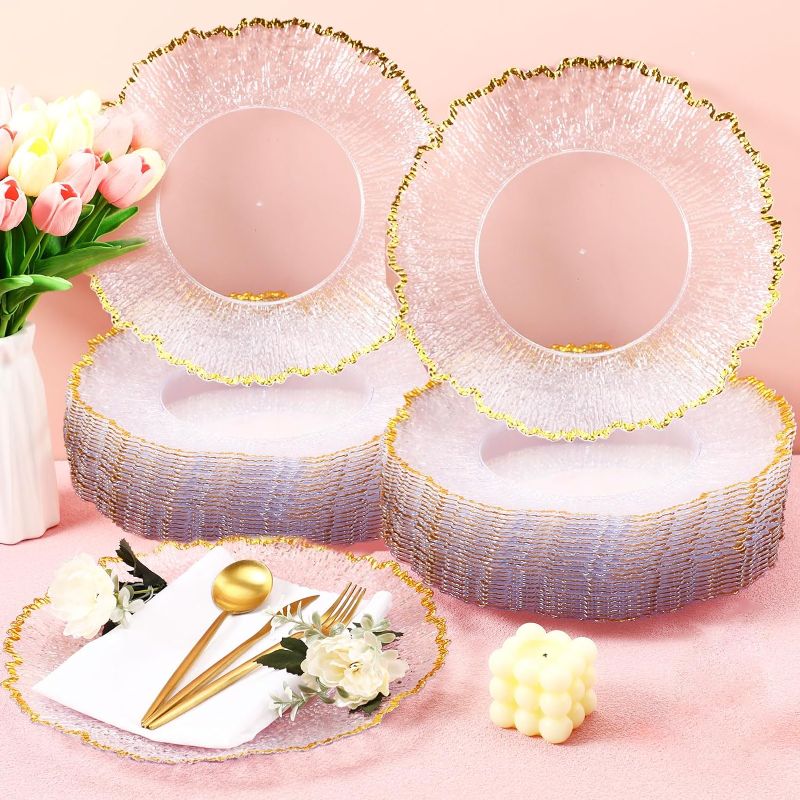Photo 1 of Yungyan 100 Pcs Clear Charger Plates Bulk with Gold Rim, 13 Inch Plastic Round Charger Plates, Large Gold Reef Textured Edge Charger Plates for Dinners Weddings Parties Holiday Kitchen Home Decoration
