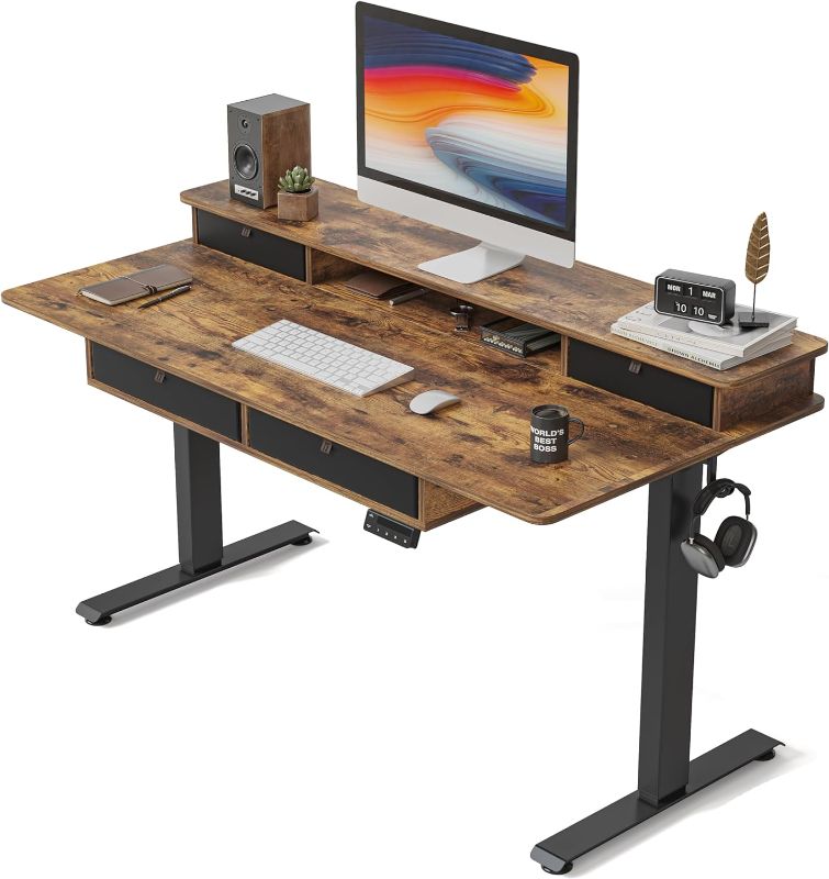 Photo 1 of FEZIBO 48 x 24 Electric Standing Desk Adjustable Height with 4 Drawers, Sit Stand Desk with Storage Shelf, Rising Desk with Splice Board, Black Frame/Rustic Brown Top, 48 inch
