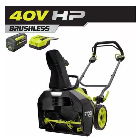 Photo 1 of RYOBI
40V HP Brushless 18 in. Single-Stage Cordless Electric Snow Blower with 6.0 Ah Battery and Charge