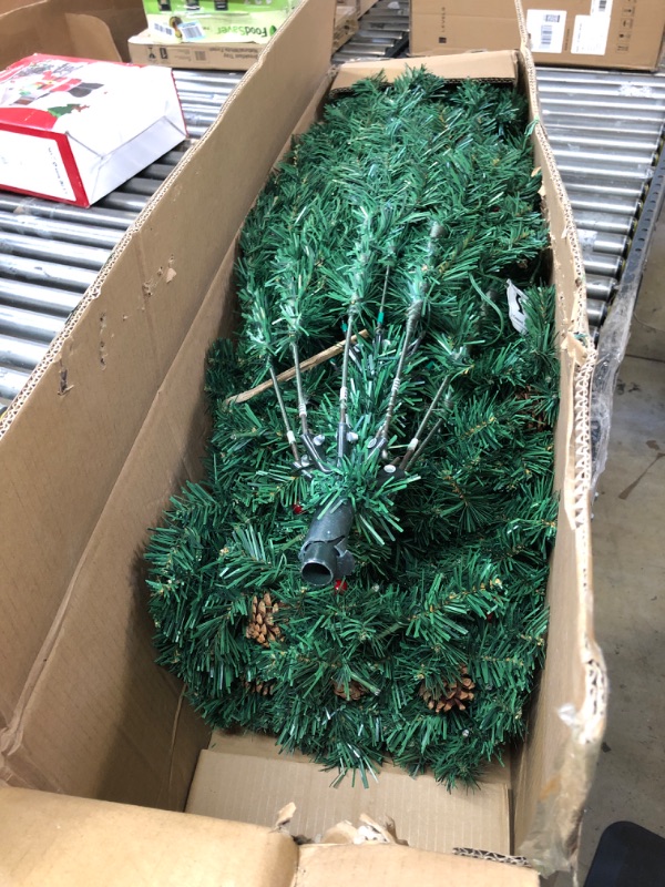 Photo 2 of 7.5 feet Artificial Christmas Tree with 600 Lights(Warm White & Colorful - 11 Modes) | Prelit Pre-Decorated Spruce 7.5 ft Xmas Tree with 1400 Tips, 40 Pinecones, 40 Berries, Gloves, Metal Base, Green