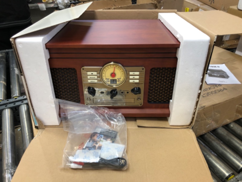 Photo 2 of Victrola Nostalgic 6-in-1 Bluetooth Record Player & Multimedia Center with Built-in Speakers - 3-Speed Turntable, CD & Cassette Player, FM Radio | Wireless Music Streaming | Mahogany Mahogany Entertainment Center