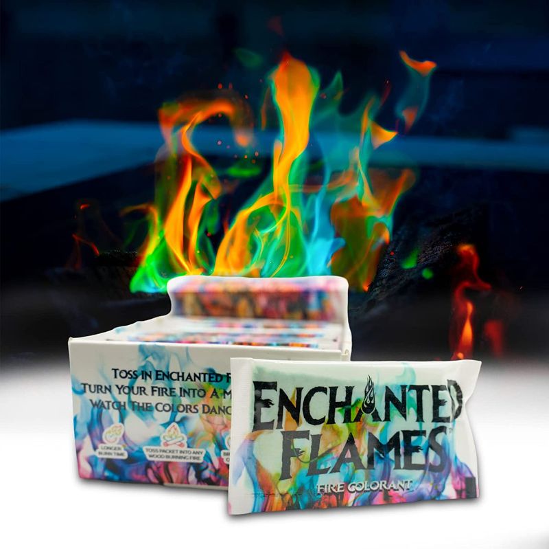Photo 1 of 
Enchanted Flames Pack of 12 Fire Changing Color Packets for Campfires, Fire Pits, and Outdoor Wood Fireplaces, Longer Lasting Burn Time, Safe and Non-Toxic