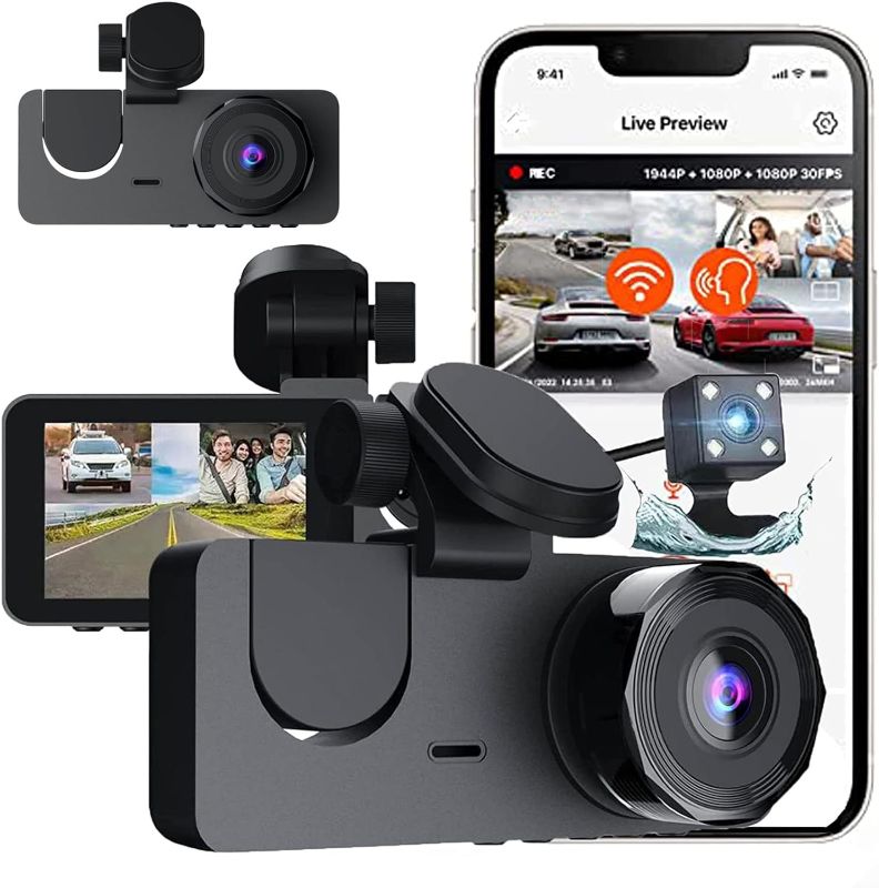Photo 1 of 3 Channel Dash Cam - 1080P Front and Rear Inside Three Way Triple Cars Dash Camera, 4 Inch IPS Screen, 170° Wide Angle, IR Night Vision, Loop