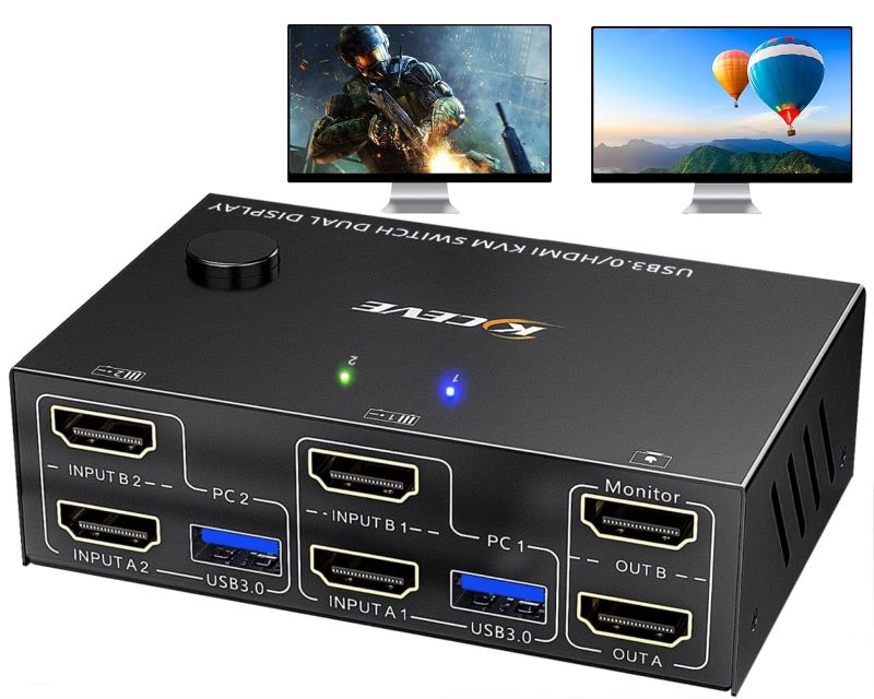 Photo 1 of USB 3.0 HDMI KVM Switch 2 Monitors 2 Computers 4K@60Hz 2K@144Hz, EDID Emulator, Camgeet Dual Monitor KVM Switch for 2 Computers Share 2 Displays and 4 USB 3.0 Ports,Wired Remote and Cables Included