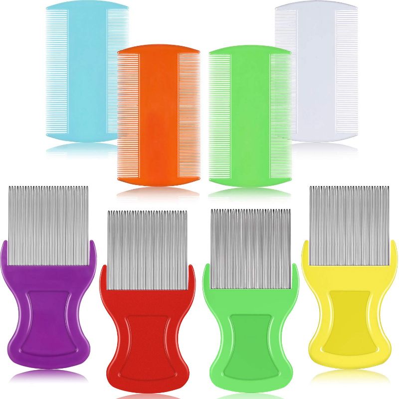 Photo 1 of 8 Pieces Flea Lice Combs Double Sided Lice Removal Comb Hair Grooming Comb with Metal Teeth (Orange, Blue, Purple, White, 3.5 x 2 Inch, 3.54 x 1.57 Inch)