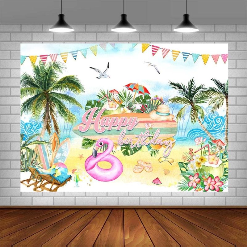 Photo 1 of AIBIIN 7x5ft Summer Birthday Backdrop Pink Happy Birthday Photography Background Hawaii Tropical Flamingo Birthday Party Decorations Banner Photo Shoot Props